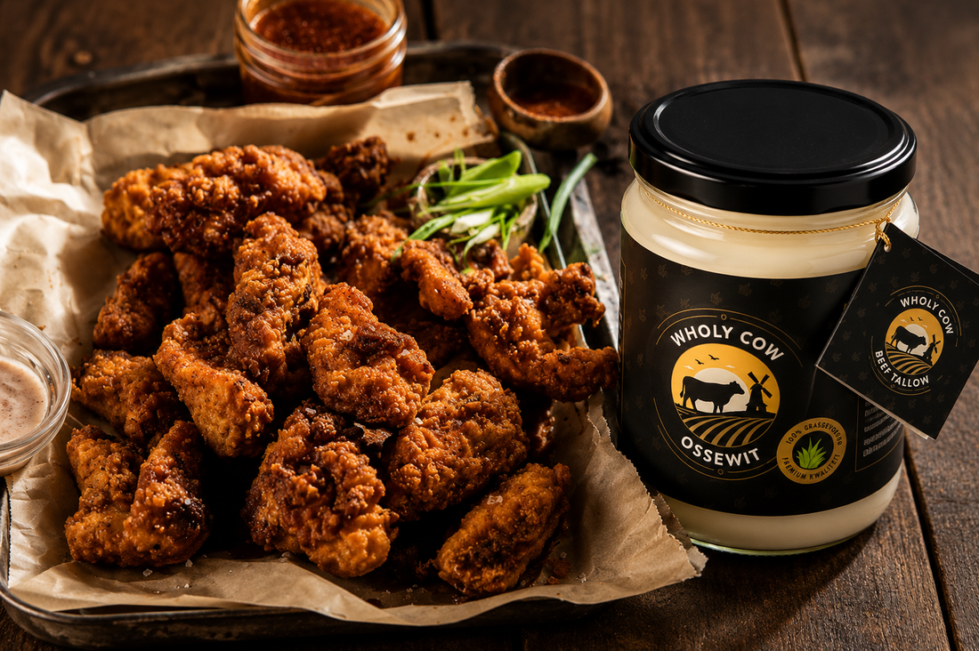 Krokante Fried Chicken Tenders gefrituurd in Wholy Cow Beef Tallow ossewit